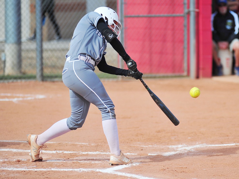 Bradshaw Mountain's Jacie Hambrick strokes a first inning home run as the Bears host the Prescott Badgers Thursday, April 11 in Prescott Valley. (Les Stukenberg/Courier)