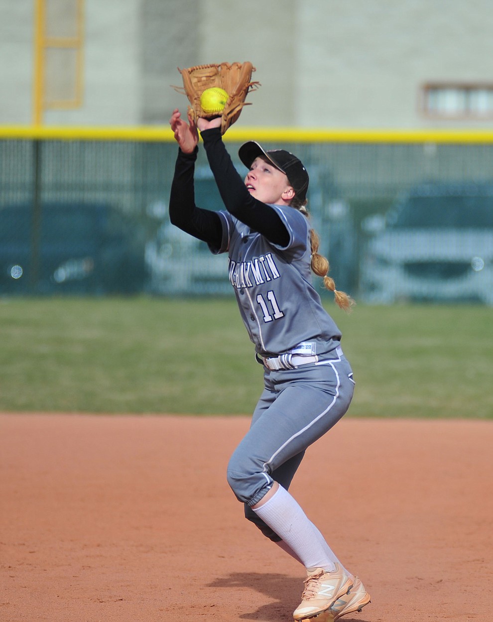 Bradshaw Mountain's Jacie Hambrick makes the catch at shortsop as the Bears host the Prescott Badgers Thursday, April 11 in Prescott Valley. (Les Stukenberg/Courier)