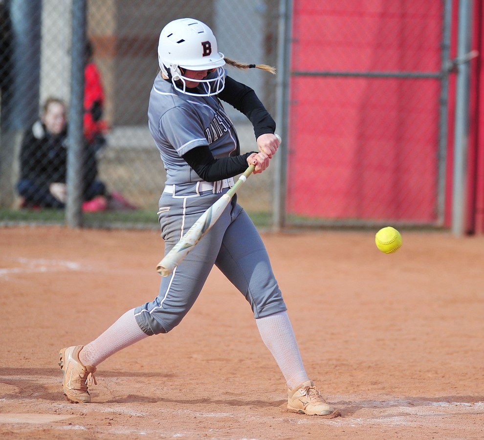 Bradshaw Mountain's Kirsten Schmidt takes aim at a pitch as the Bears host the Prescott Badgers Thursday, April 11 in Prescott Valley. (Les Stukenberg/Courier)