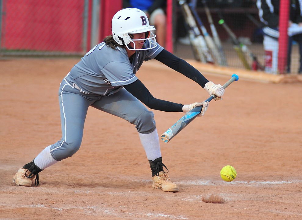 Bradshaw Mountain's Layla Stouder lays down a sacrafice bunt as the Bears host the Prescott Badgers Thursday, April 11 in Prescott Valley. (Les Stukenberg/Courier)