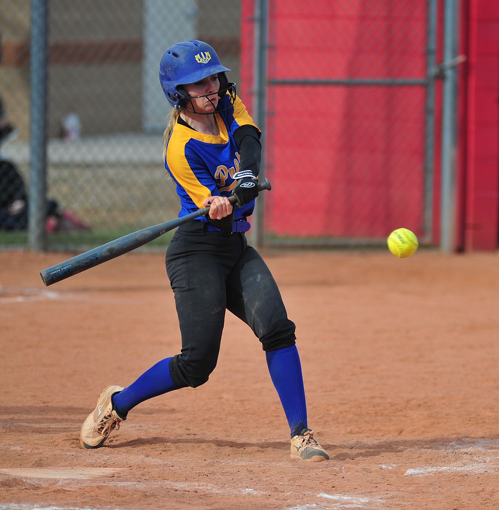 Prescott's Danner Cozens doubles as the Badgers play the Bradshaw Mountain Bears Thursday, April 11 in Prescott Valley. (Les Stukenberg/Courier)