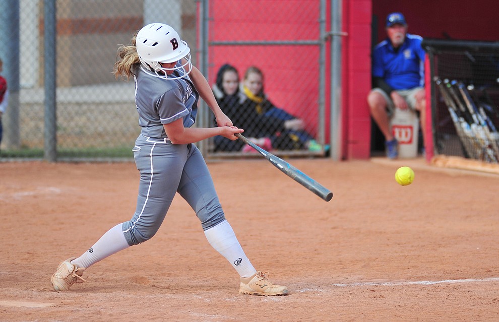 Bradshaw Mountain's Madisen Duryea makes contact as the Bears host the Prescott Badgers Thursday, April 11 in Prescott Valley. (Les Stukenberg/Courier)