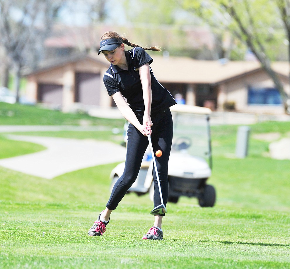 Williams' Brooklynn Maebe tees off as Chino Valley hosted a four-team match Tuesday, April 2 in Prescott. (Les Stukenberg/Courier)