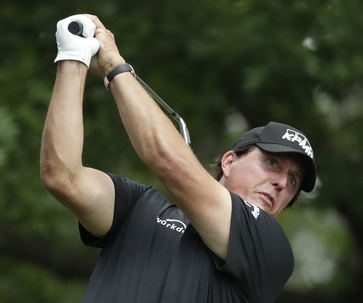 Phil Mickelson hits on the fourth tee during the third round for the Masters on Saturday, April 13, 2019, in Augusta, Ga. (Chris Carlson/AP)