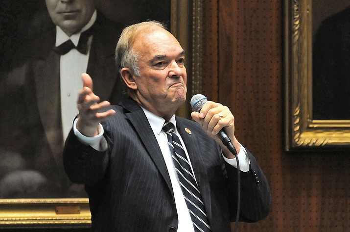 In this February 2018 file photo, Rep. Don Shooter decries the move to oust him from the House last year over sexual harassment charges. On Monday, April 15, 2019, Shooter asked the Senate Ethics Committee to determine whether former House Speaker J.D. Mesnard acted unethically in refusing to release parts of an investigative report that resulted in his expulsion. (Howard Fischer/Capitol Media Services, file)