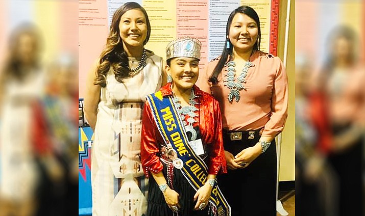 Diné College’s Audre Etsitty (left), Mariah Lee (center) and Korrie Brown (right) recently attended the American Indian Higher Education Consortium (AIHEC) conference where the school won numerous awards. Lee, of Many Farms, Arizona, is the reigning Miss Diné College. (Photo/Dine College)