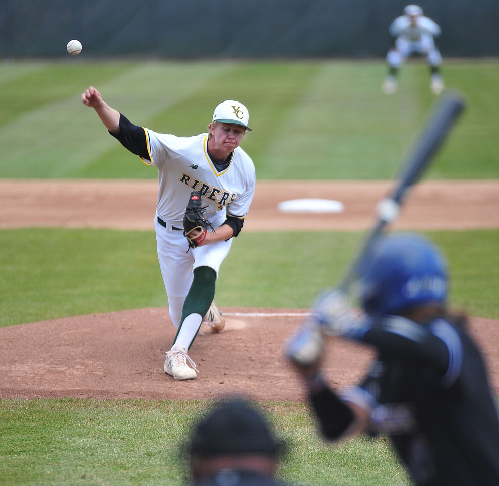 Yavapai's Trey Morrill delivers a pitch as the Roughriders take on Gateway Community College Wednesday, April 17 at in Prescott. Morrill held the Geckos to four-hits and two-runs in the first of a double header. (Les Stukenberg/Courier)