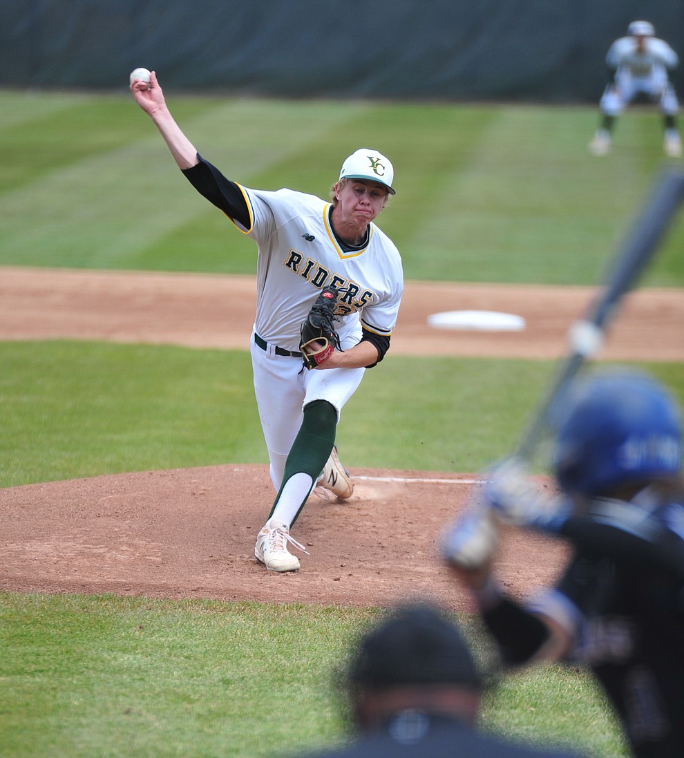 Yavapai's Trey Morrill delivers a pitch as the Roughriders take on Gateway Community College Wednesday, April 17 at in Prescott. Morrill held the Geckos to four-hits and two-runs in the first of a double header. (Les Stukenberg/Courier)