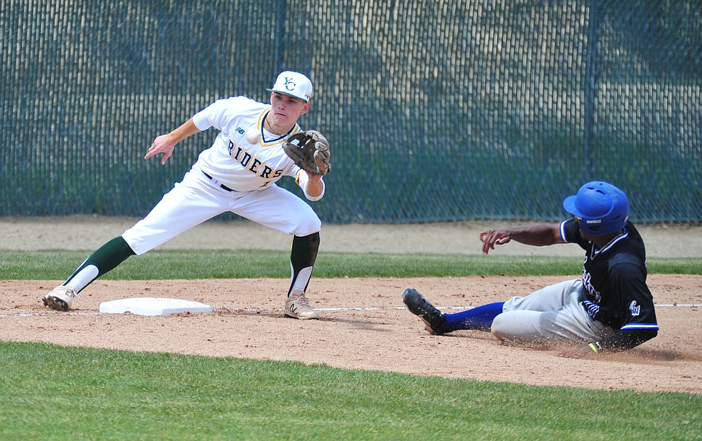 Yavapai's Will Long gets the out at third as the Roughriders take on Gateway Community College Wednesday, April 17 at in Prescott. (Les Stukenberg/Courier)