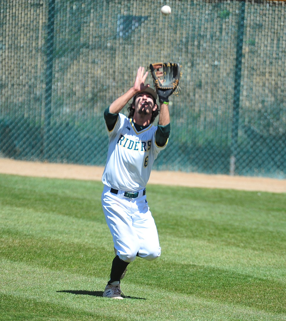 Yavapai's Matt Novis makes the catch in right field as the Roughriders take on Gateway Community College Wednesday, April 17 at in Prescott. (Les Stukenberg/Courier)