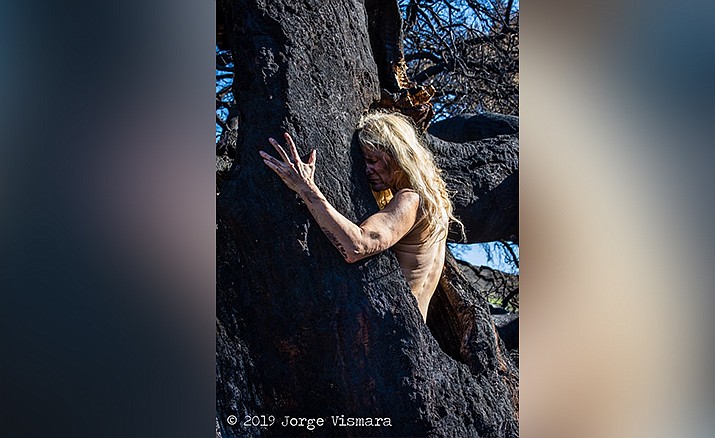 Performance artist and model Pash Galbavy in a charred oak tree near the site of her family home, which burned in the Woolsey fire, photo by Jorge Vismara. jorgevismara.net