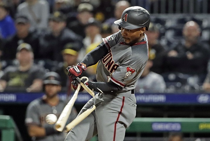Arizona Diamondbacks' Jarrod Dyson breaks his bat on a fielder's choice in the seventh inning of a baseball game against the Pittsburgh Pirates in Pittsburgh, Monday, April 22, 2019. Diamondbacks' Nick Ahmed was out attempting to score from third on the play. (Gene J. Puskar/AP)