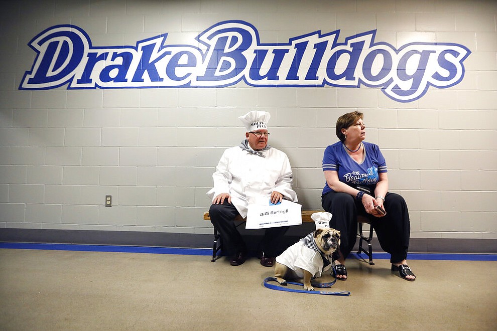 Joe and Mary Bertogli, of Des Moines, Iowa, sit with their dog Gigi before judging at the 40th annual Drake Relays Beautiful Bulldog Contest, Monday, April 22, 2019, in Des Moines, Iowa. The pageant kicks off the Drake Relays festivities at Drake University, where a bulldog is the mascot. (AP Photo/Charlie Neibergall)