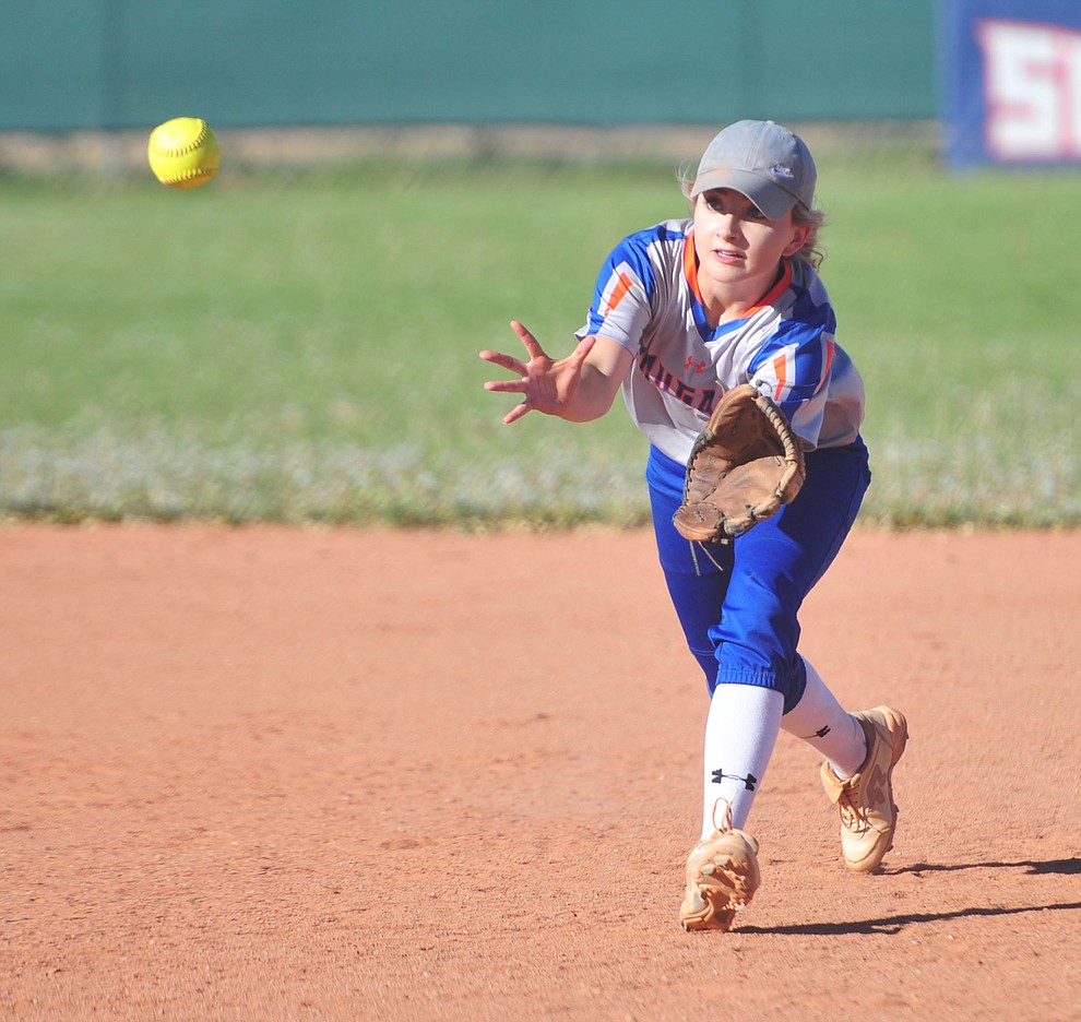Chino Valley's Jacey Buchanan makes the play at second as the Cougars play Pusch Ridge in the play-in round of the Arizona Interscholastic Association State Softball D3 Tournament Wednesday, April 24 in Chino Valley.  (Les Stukenberg/Courier)