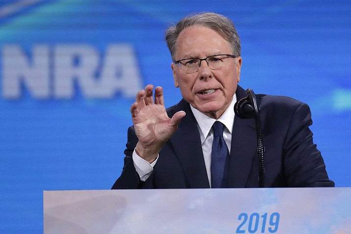 Nation Rifle Association Executive Vice President Wayne LaPierre speaks at the National Rifle Association Institute for Legislative Action Leadership Forum in Lucas Oil Stadium in Indianapolis, Friday, April 26, 2019. (Michael Conroy/AP)
