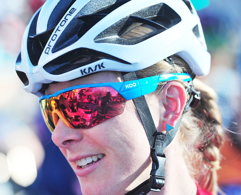 Chloe Woodruff was relaxed on the start line of the Whiskey Off Road Fat Tire Crit through the streets of downtown Prescott Friday, April 26. (Les Stukenberg/Courier)