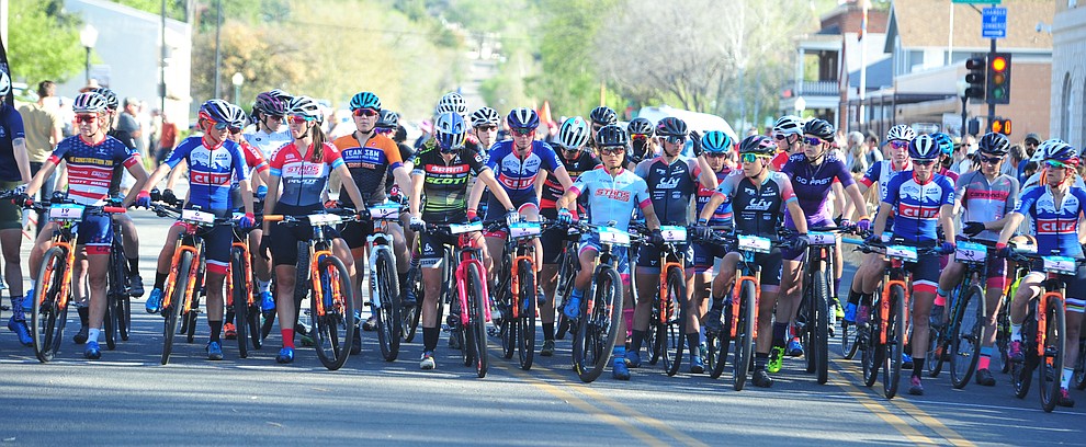 The ladies field had 37 racers toe the line during the Whiskey Off Road Fat Tire Crit through the streets of downtown Prescott Friday, April 26. (Les Stukenberg/Courier)