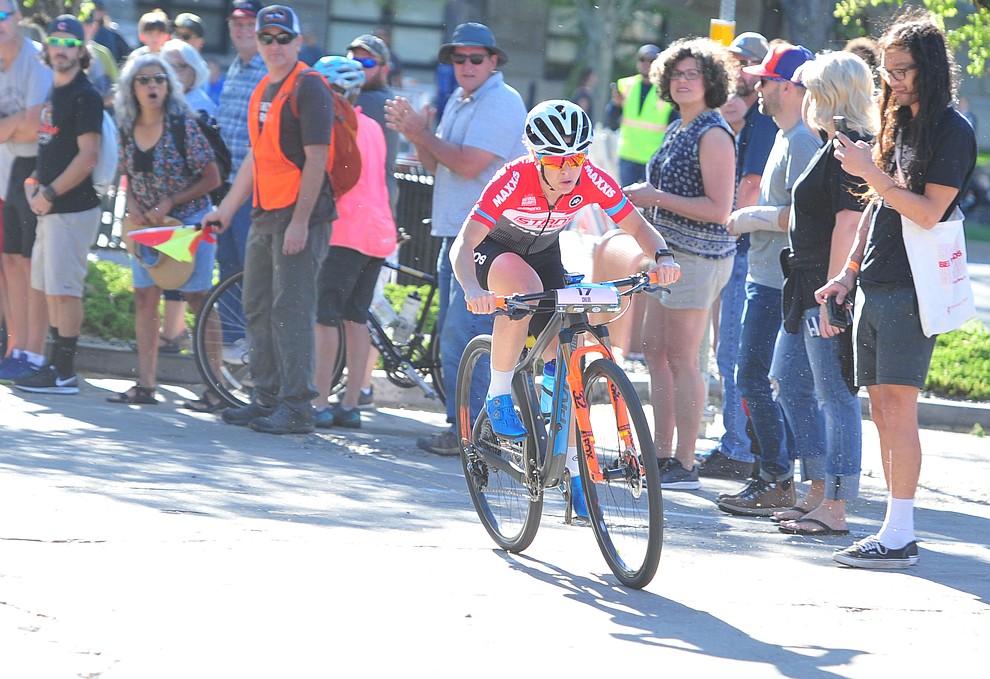 Chloe Woodruff leads the first lap during the Whiskey Off Road Fat Tire Crit through the streets of downtown Prescott Friday, April 26. (Les Stukenberg/Courier)