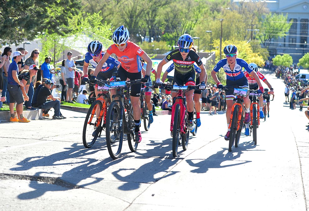 A strong lead group broke the field apart during the Whiskey Off Road Fat Tire Crit through the streets of downtown Prescott Friday, April 26. (Les Stukenberg/Courier)