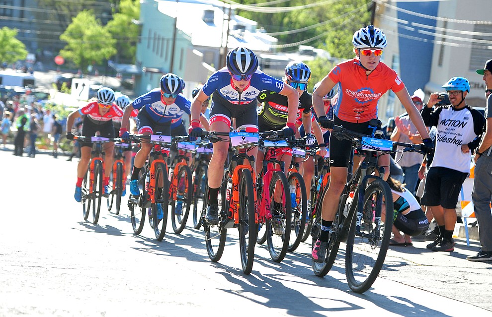 Alexis Skarda leads the race up Union Street during the Whiskey Off Road Fat Tire Crit through the streets of downtown Prescott Friday, April 26. (Les Stukenberg/Courier)
