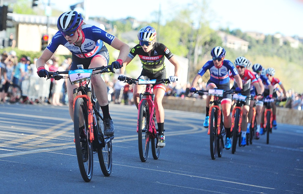 Haley Batten leads the race going into the final lap during the Whiskey Off Road Fat Tire Crit through the streets of downtown Prescott Friday, April 26. (Les Stukenberg/Courier)