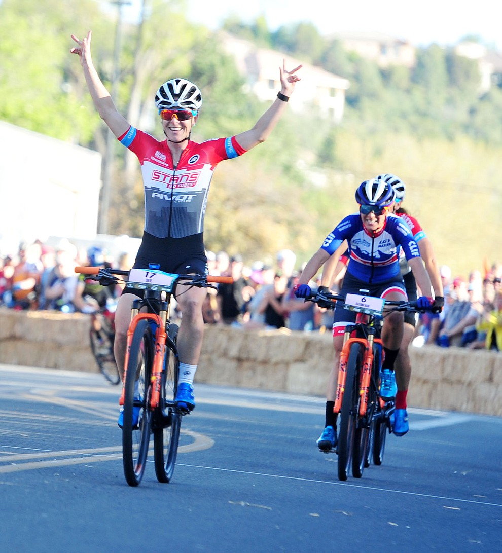 Prescott resident Chloe Woodruff wins the Whiskey Off Road Fat Tire Crit through the streets of downtown Prescott Friday, April 26. (Les Stukenberg/Courier)