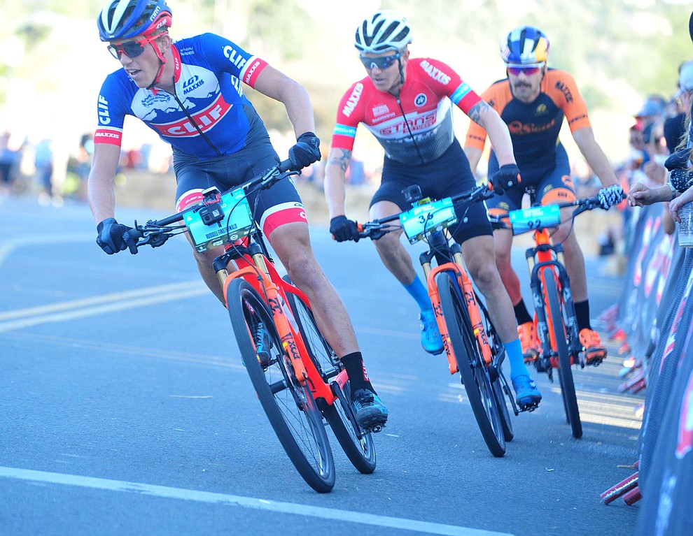 Russell Finsterwald leads as they head up Union Street during the Whiskey Off Road Fat Tire Crit through the streets of downtown Prescott Friday, April 26. (Les Stukenberg/Courier)
