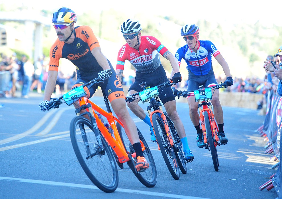 Payson McElveen leads the final lap onto Union Street during the Whiskey Off Road Fat Tire Crit through the streets of downtown Prescott Friday, April 26. (Les Stukenberg/Courier)