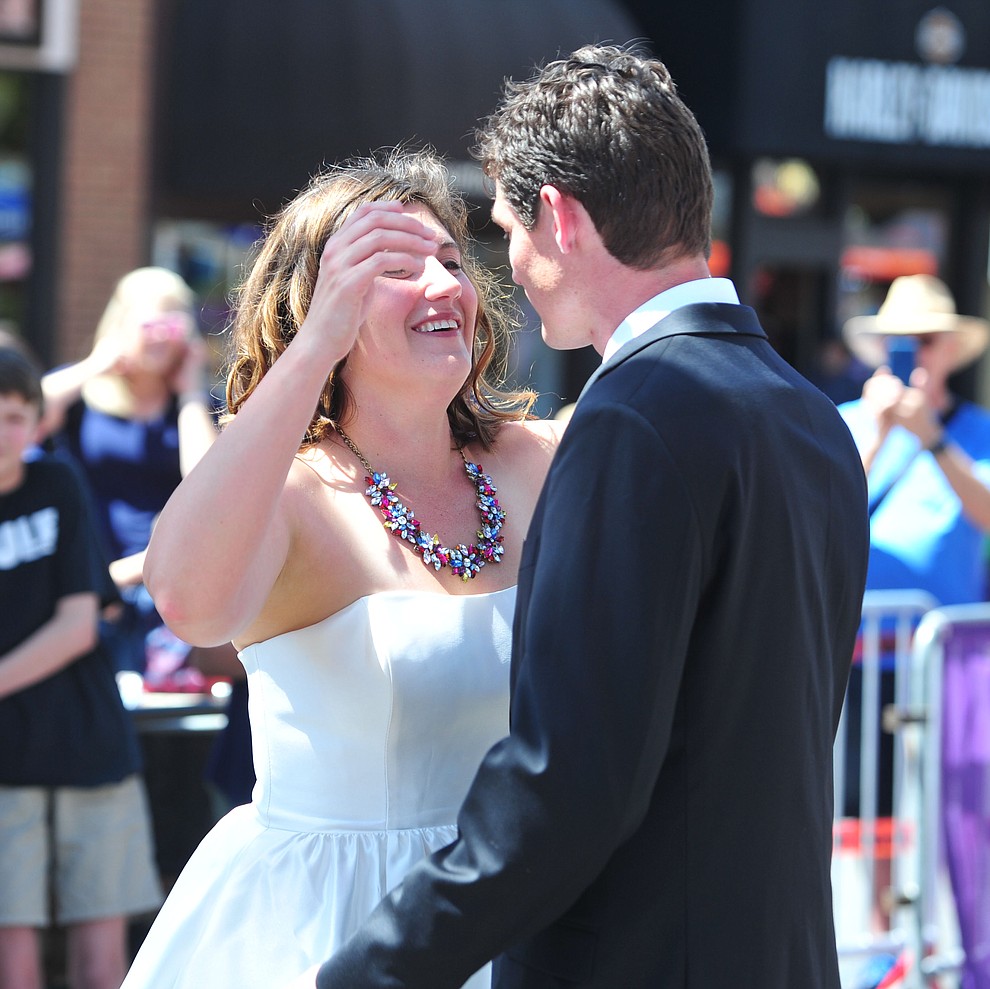 Greg and Bess Dougherty of Indinapolis, IN held their wedding ceremony on the start line on opening day of the Whiskey Off Road in downtown Prescott Friday, April 26. (Les Stukenberg/Courier)