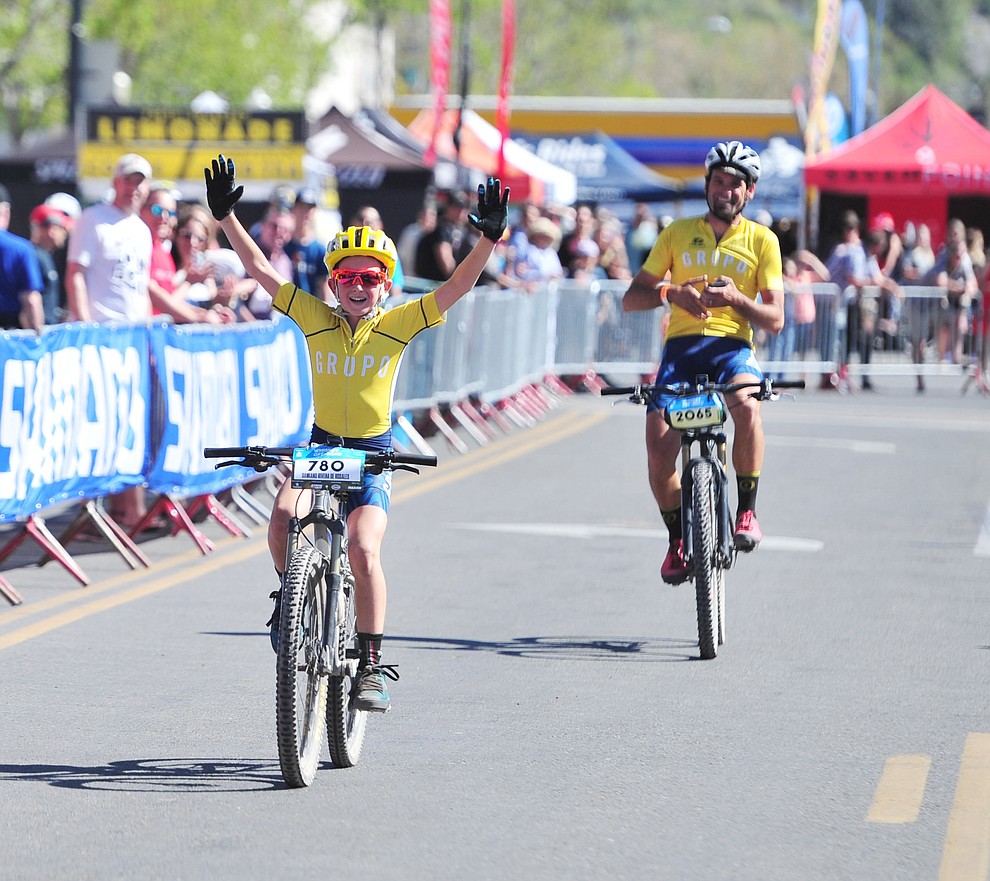 Damiano Rivera de Rosales, 9 years old won the 15 mile race during the opening day of the Whiskey Off Road in downtown Prescott Friday, April 26. (Les Stukenberg/Courier)