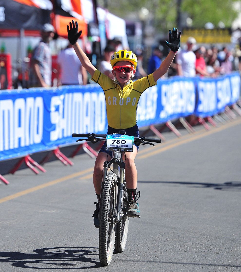 Damiano Rivera de Rosales, 9 years old won the 15 mile race during the opening day of the Whiskey Off Road in downtown Prescott Friday, April 26. (Les Stukenberg/Courier)
