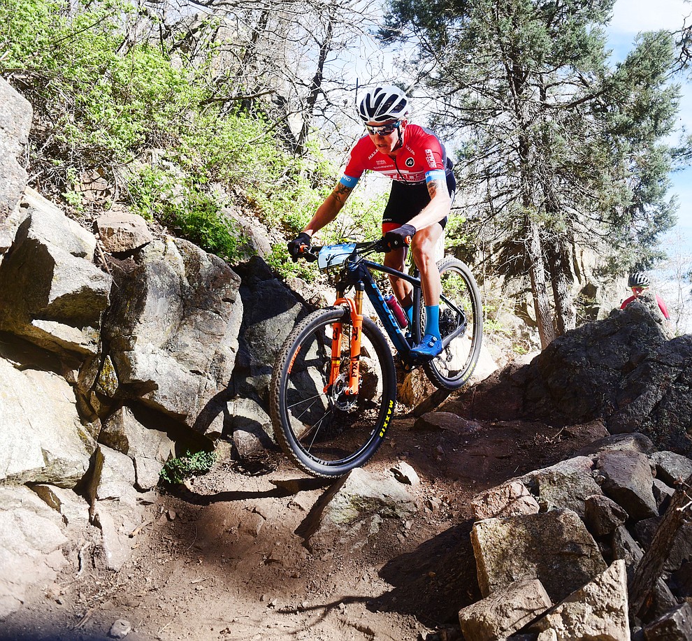 Stans-Pivot rider Keegan Swenson during the Whiskey Off Road Pro 50-mile cross country mountain bike race in Prescott Sunday, April 28. (Les Stukenberg/Courier)
