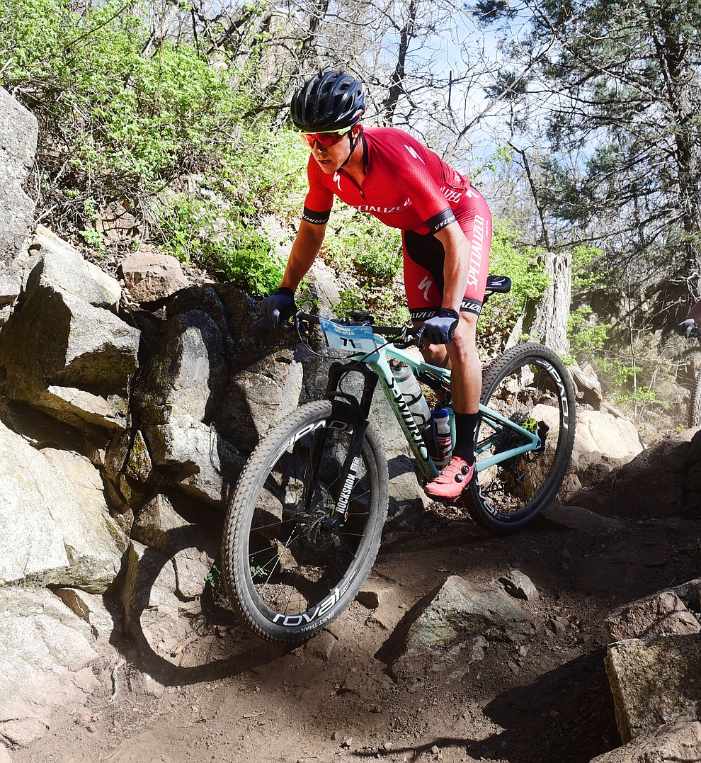 Specialized rider Howard Grotts during the Whiskey Off Road Pro 50-mile cross country mountain bike race in Prescott Sunday, April 28. (Les Stukenberg/Courier)