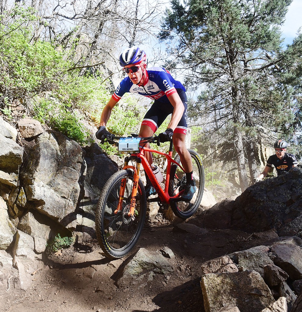 Russell Finsterwald during the Whiskey Off Road Pro 50-mile cross country mountain bike race in Prescott Sunday, April 28. (Les Stukenberg/Courier)