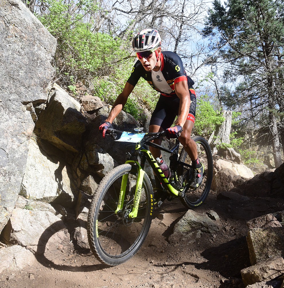 Fernando Riveros during the Whiskey Off Road Pro 50-mile cross country mountain bike race in Prescott Sunday, April 28. (Les Stukenberg/Courier)