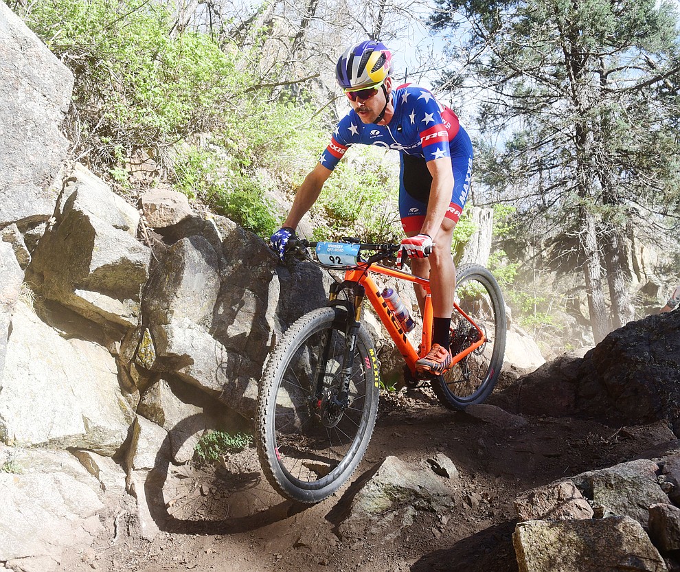Payson McElveen during the Whiskey Off Road Pro 50-mile cross country mountain bike race in Prescott Sunday, April 28. (Les Stukenberg/Courier)