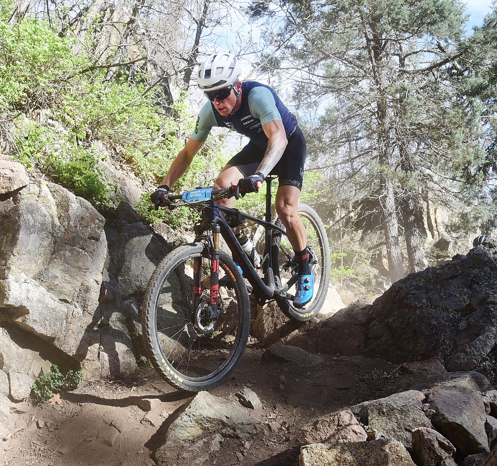 Pivot Cycles' Taylor Lideen during the Whiskey Off Road Pro 50-mile cross country mountain bike race in Prescott Sunday, April 28. (Les Stukenberg/Courier)