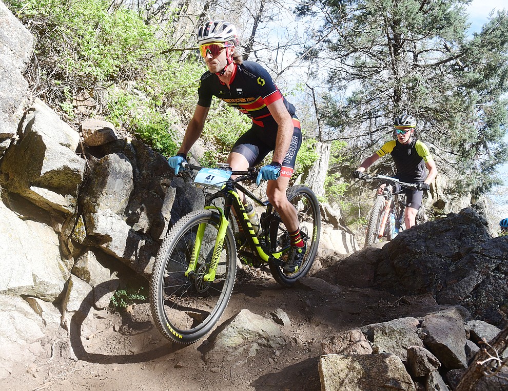 Construction Zone's Ryan Petry during the Whiskey Off Road Pro 50-mile cross country mountain bike race in Prescott Sunday, April 28. (Les Stukenberg/Courier)