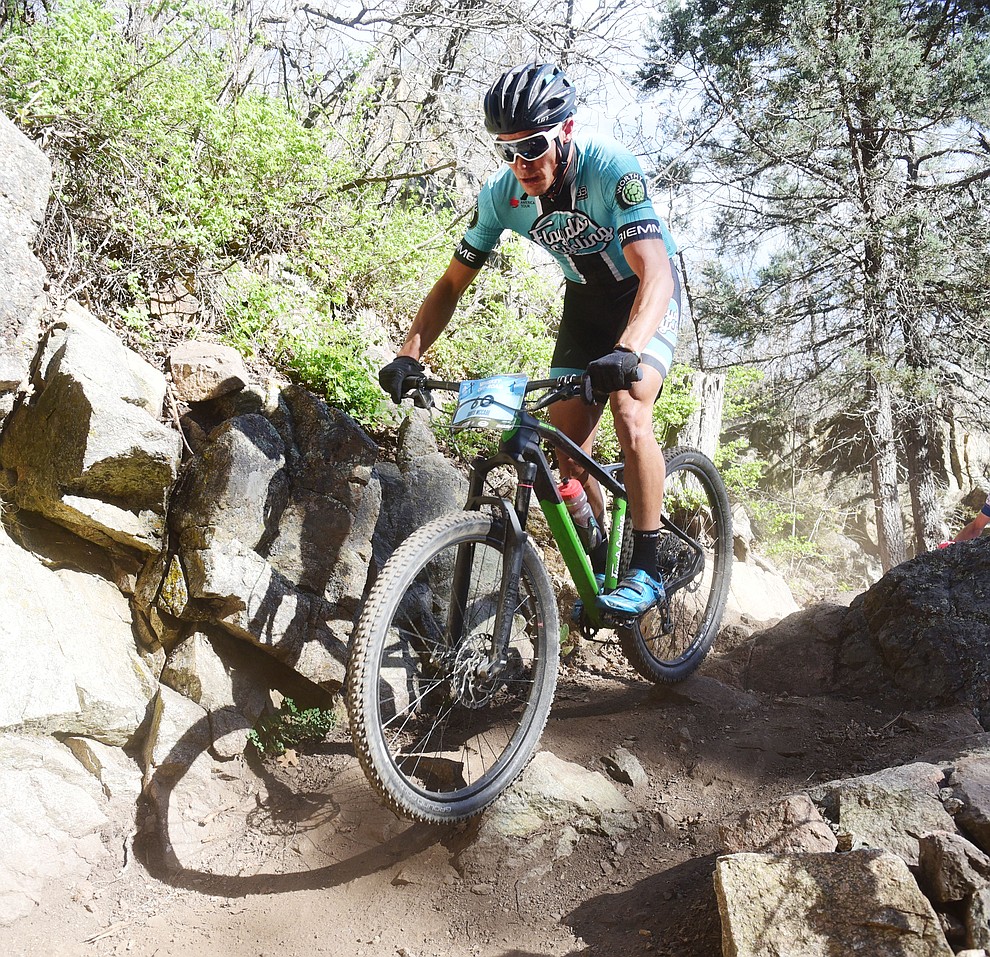 Prescott's Travis McCabe during the Whiskey Off Road Pro 50-mile cross country mountain bike race in Prescott Sunday, April 28. (Les Stukenberg/Courier)