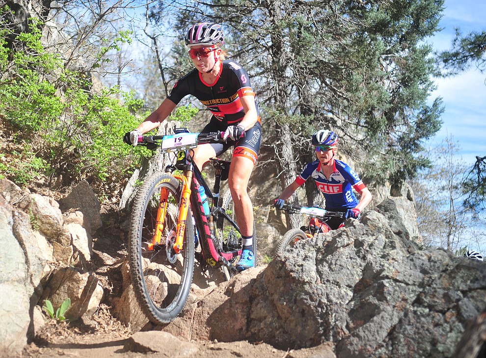 Construction Zone's Erin Huck during the Whiskey Off Road Pro 50-mile cross country mountain bike race in Prescott Sunday, April 28. (Les Stukenberg/Courier)