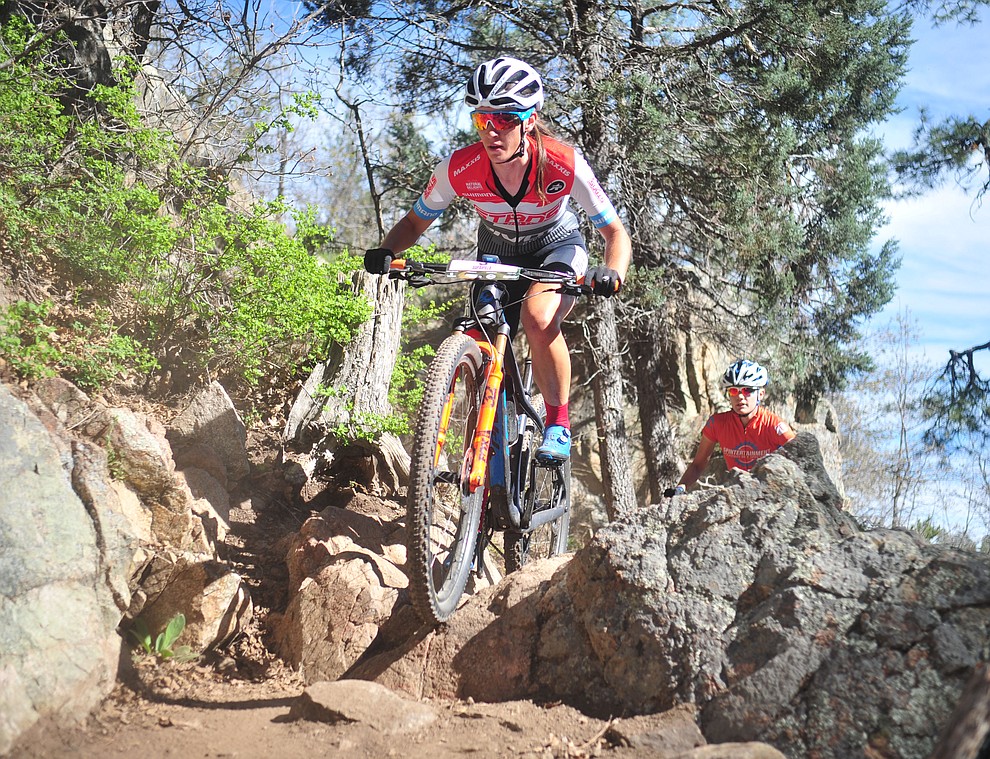 Stans-Pivot's Sofia Gomez Villafane during the Whiskey Off Road Pro 50-mile cross country mountain bike race in Prescott Sunday, April 28. (Les Stukenberg/Courier)