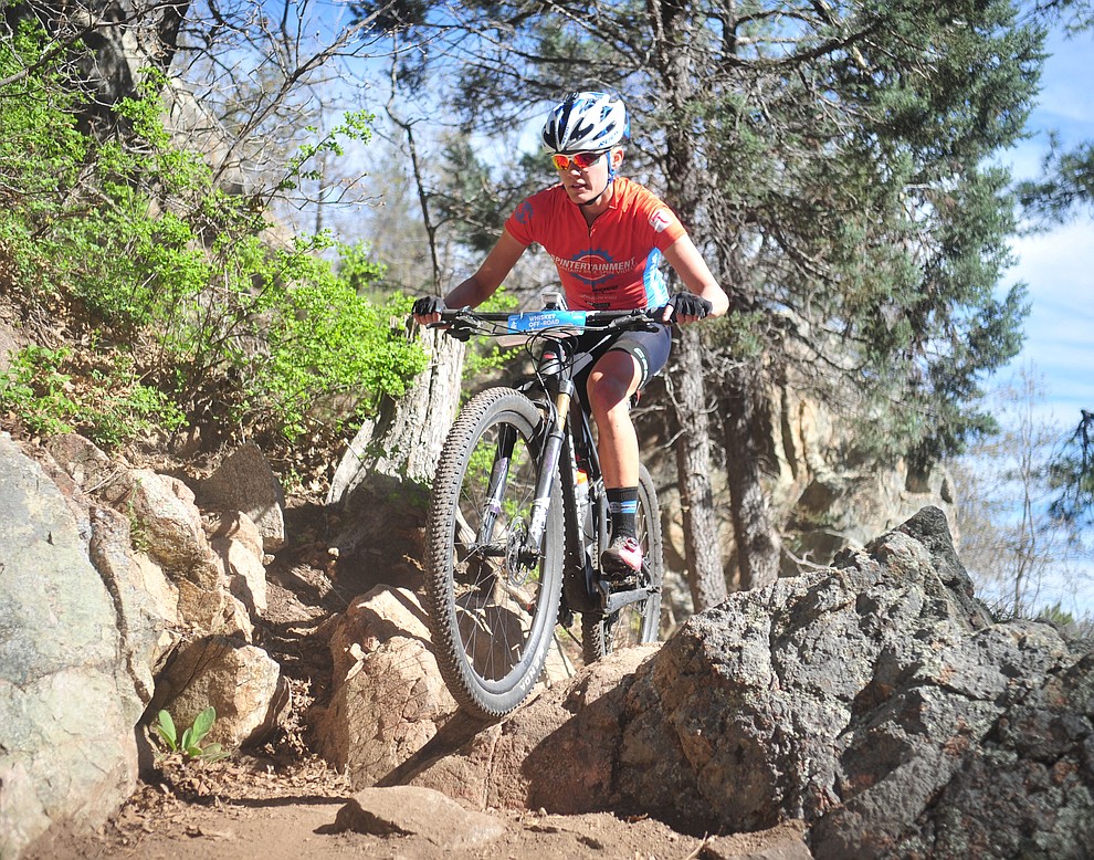 Alexis Skarda during the Whiskey Off Road Pro 50-mile cross country mountain bike race in Prescott Sunday, April 28. (Les Stukenberg/Courier)