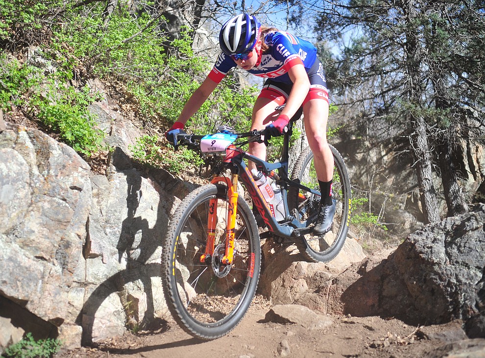 Clif Pro Team's Haley Batten during the Whiskey Off Road Pro 50-mile cross country mountain bike race in Prescott Sunday, April 28. (Les Stukenberg/Courier)