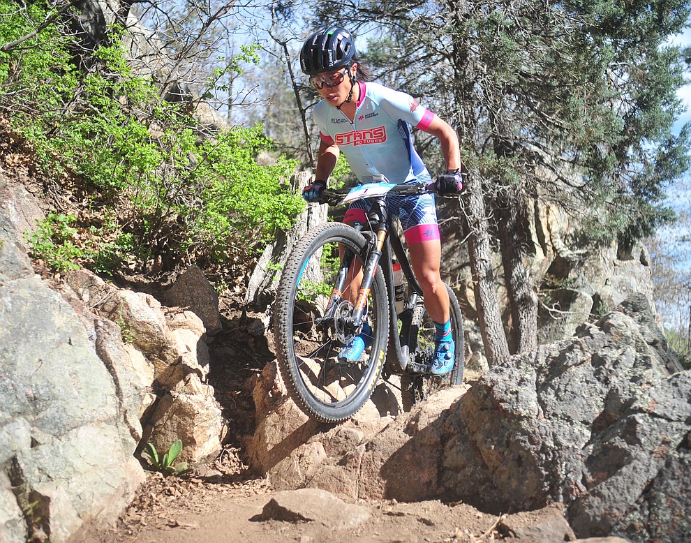 Pivot Stan's Evelyn Dong during the Whiskey Off Road Pro 50-mile cross country mountain bike race in Prescott Sunday, April 28. (Les Stukenberg/Courier)