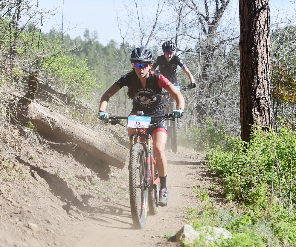 Flagstaf Bicycle Revolution's Erin Osborne during the Whiskey Off Road Pro 50-mile cross country mountain bike race in Prescott Sunday, April 28. (Les Stukenberg/Courier)