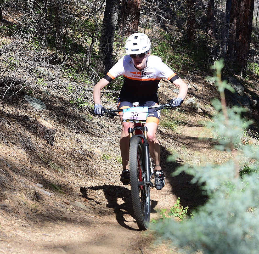 Carbo Rocket's Courtney Boyd during the Whiskey Off Road Pro 50-mile cross country mountain bike race in Prescott Sunday, April 28. (Les Stukenberg/Courier)