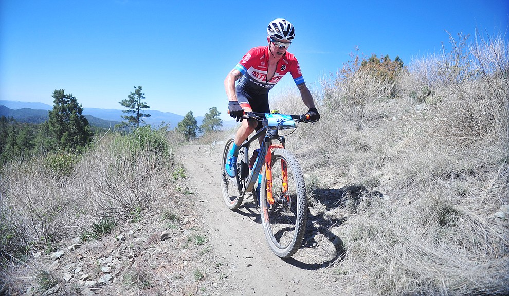 Stans Pivot rider Keegan Swenson during the Whiskey Off Road Pro 50-mile cross country mountain bike race in Prescott Sunday, April 28. (Les Stukenberg/Courier)