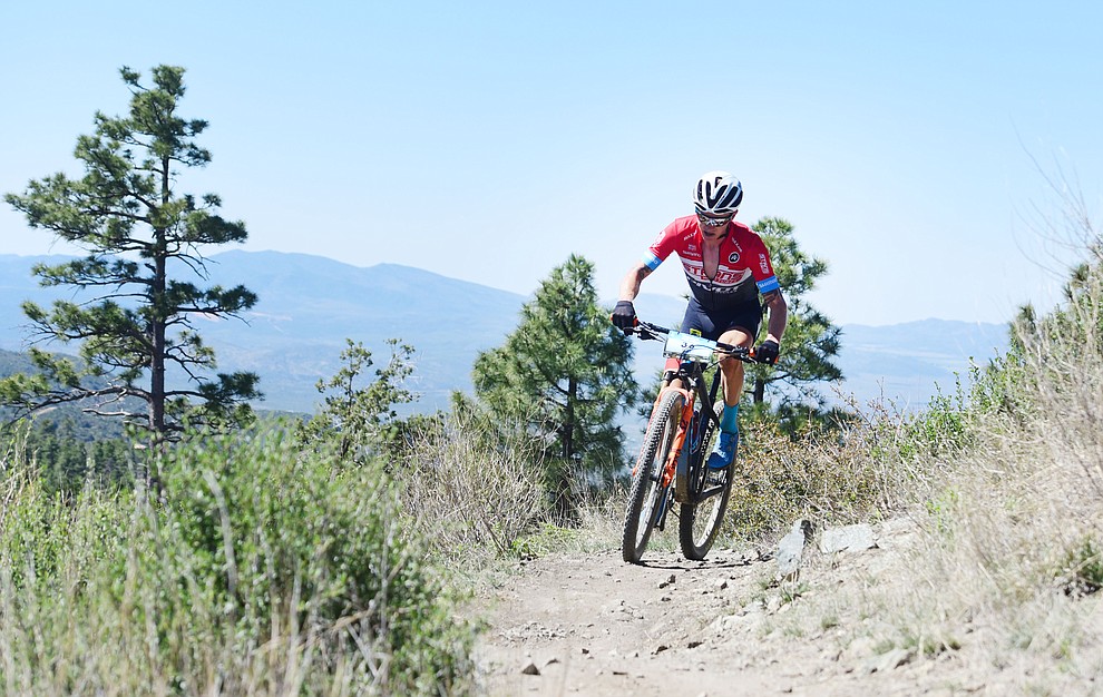 Stans Pivot rider Keegan Swenson during the Whiskey Off Road Pro 50-mile cross country mountain bike race in Prescott Sunday, April 28. (Les Stukenberg/Courier)