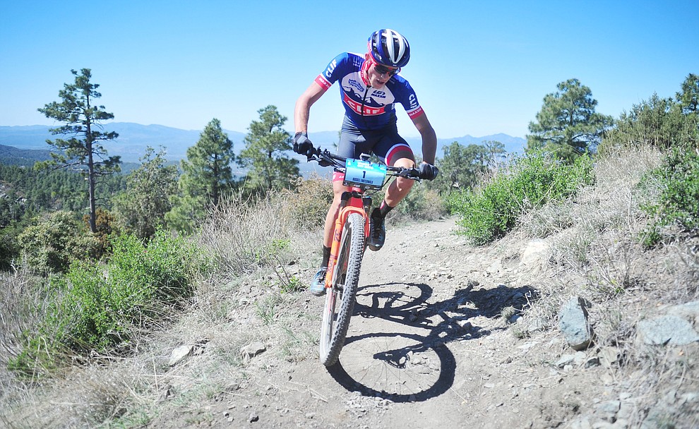 Clif Pro Team rider Russell Finsterwald during the Whiskey Off Road Pro 50-mile cross country mountain bike race in Prescott Sunday, April 28. (Les Stukenberg/Courier)