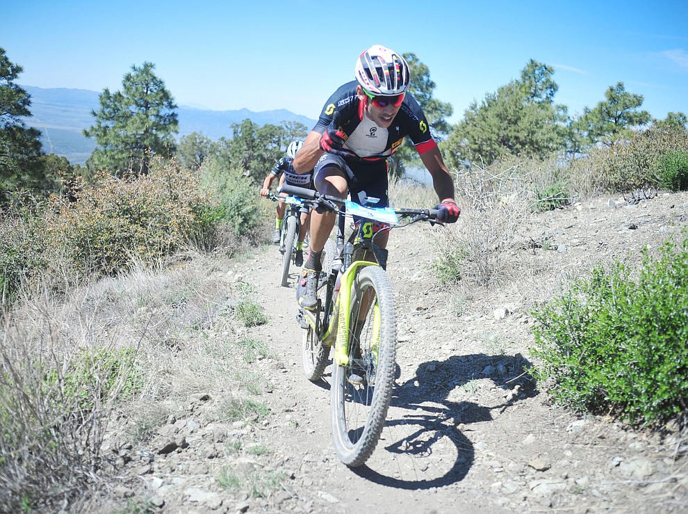 CZ Racing's Fernando Riveros during the Whiskey Off Road Pro 50-mile cross country mountain bike race in Prescott Sunday, April 28. (Les Stukenberg/Courier)